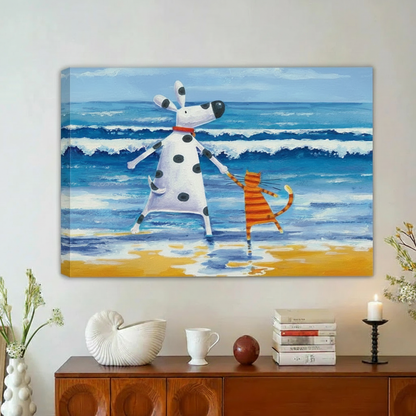 Dalmatian Dog Cat Beach Friends Framed Canvas Wall Art|Liberty Signs#L1947