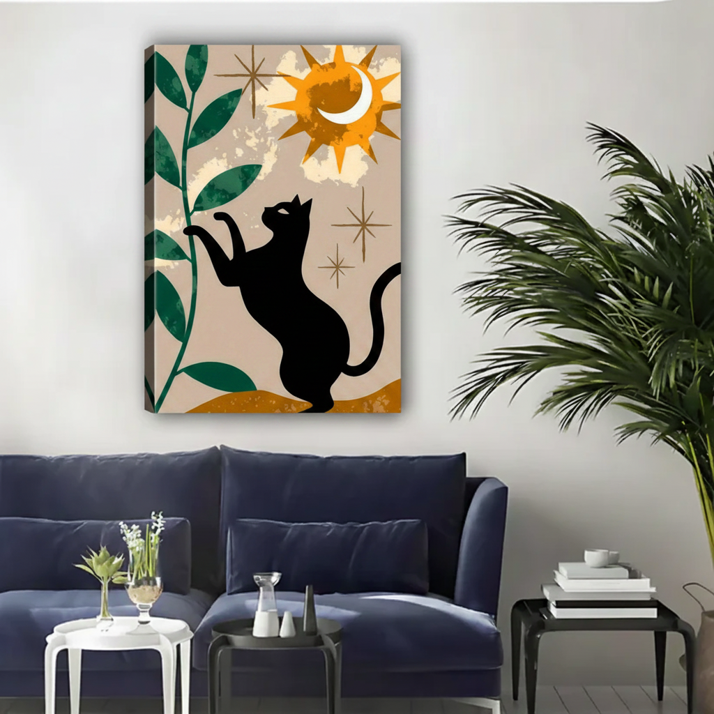 Boho Black Cat Sun Moon Celestial Canvas Wall Art|Liberty Signs#L1810
