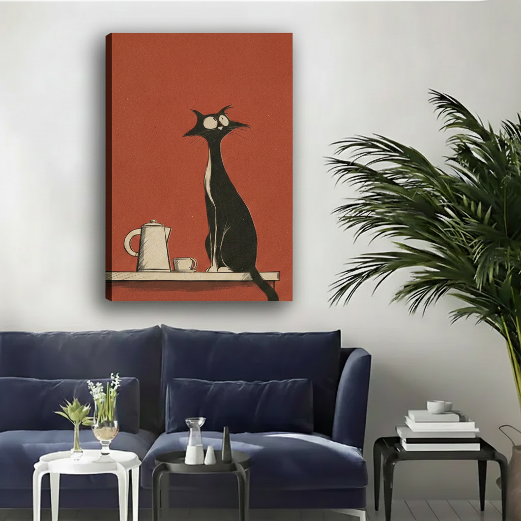 Funny tall black cat and coffee pot terracotta float frame canvas wall art above navy blue sofa with palm plant in contemporary living room