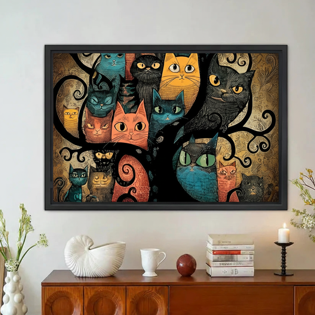 Colorful Cat Tree Vintage Folk Art Framed Canvas Print|Liberty Signs#L1902