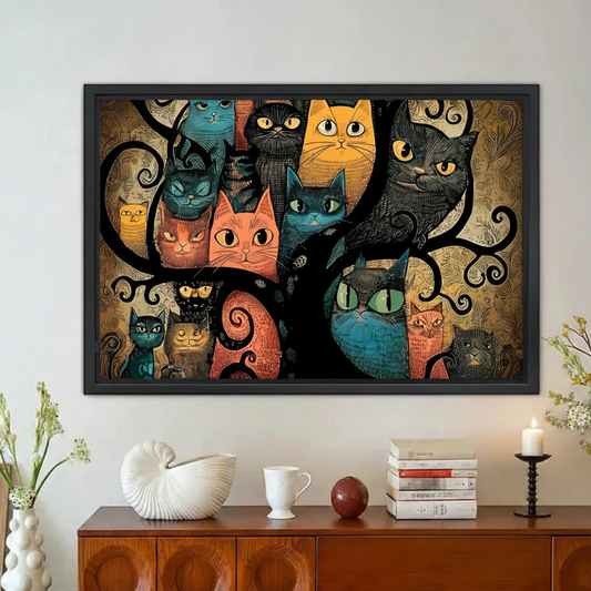 Colorful Cat Tree Vintage Folk Art Framed Canvas Print|Liberty Signs#L1902