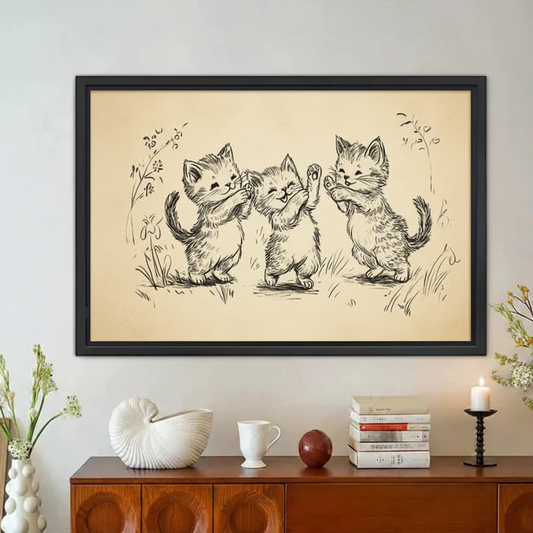 Three Dancing Kittens Vintage Sketch Framed Canvas Wall Art|Liberty Signs#L1832