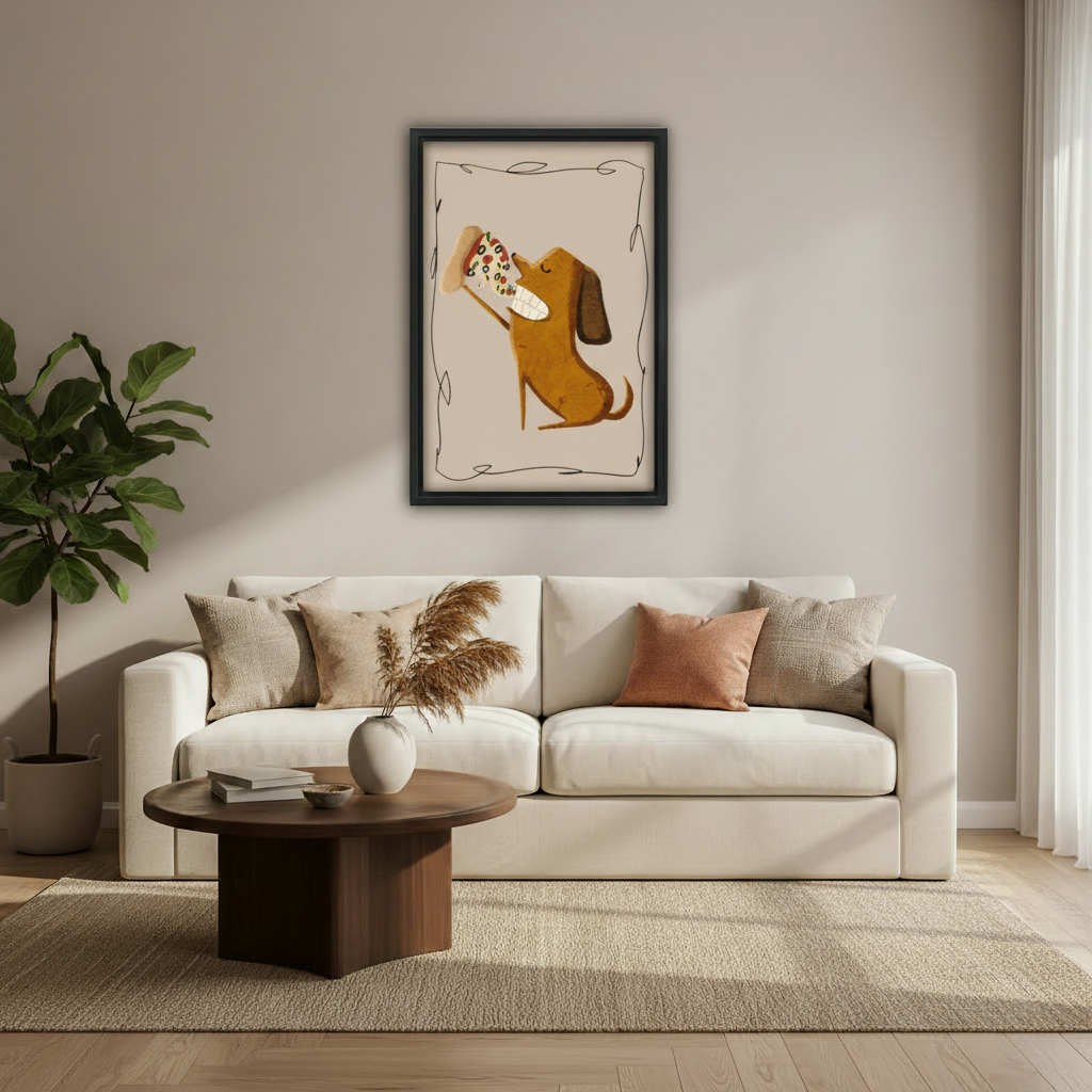 Cute dachshund pizza lover wall art print in black frame above cream sofa with pampas grass vase in modern living room