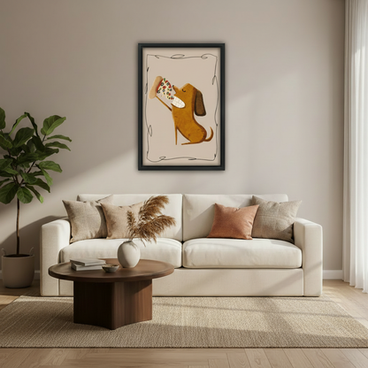 Cute dachshund pizza lover wall art print in black frame above cream sofa with pampas grass vase in modern living room