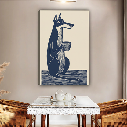 Navy Blue Doberman Coffee Dog Linocut Framed Canvas Wall Art|Liberty Signs#L1824