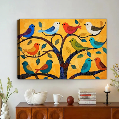 Colorful Birds on Tree Branch Folk Art Framed Canvas Print|Liberty Signs#L1892