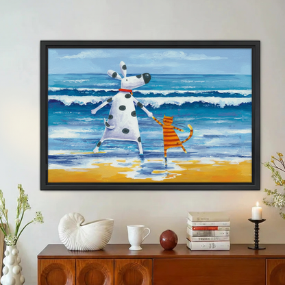 Dalmatian Dog Cat Beach Friends Framed Canvas Wall Art|Liberty Signs#L1947
