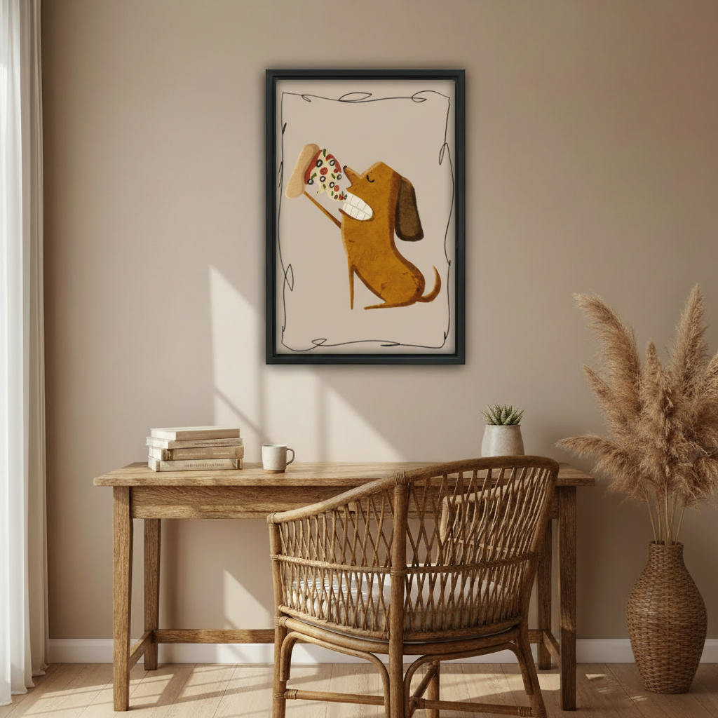 Funny dachshund eating pizza illustration wall art in black frame above rustic wooden desk with rattan chair in boho home office