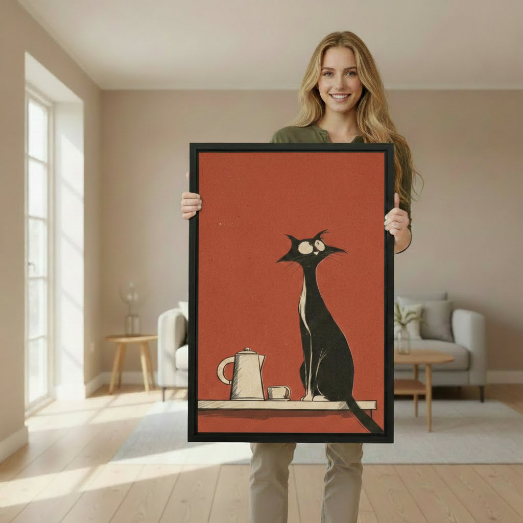 Woman holding large framed black cat on shelf retro terracotta illustration art print showing actual print size in bright Scandinavian living room