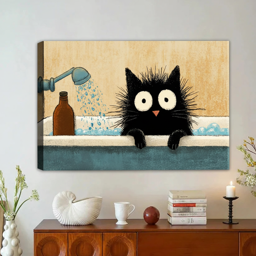 Funny Black Cat in Bathtub Framed Canvas Wall Art|Liberty Signs#L1920