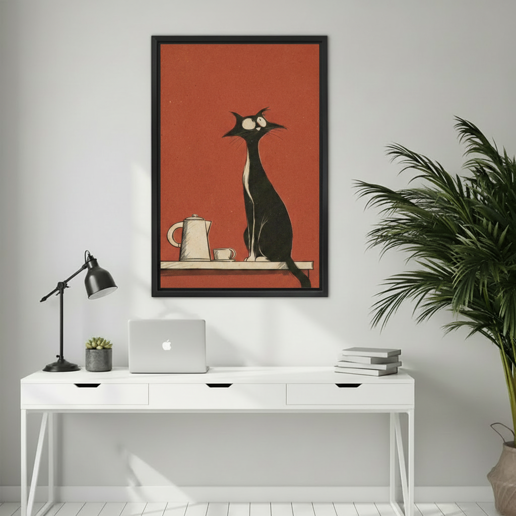 Quirky black cat with coffee pot mid-century wall art print in black frame above white desk with laptop and succulent in minimalist home office