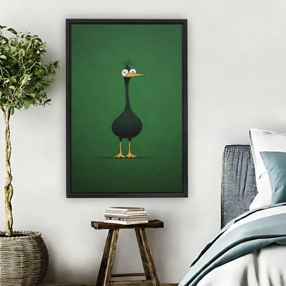 Whimsical green bird illustration wall art print in black frame beside bed with wooden stool in modern nature-inspired bedroom