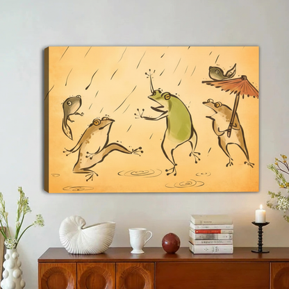 Funny Frogs in Rain Vintage Framed Canvas Wall Art|Liberty Signs#L1944