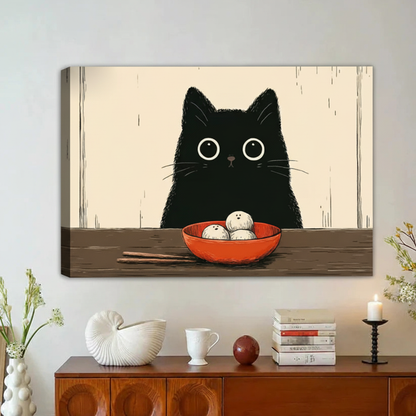 Black Cat Mochi Bowl Japanese Woodblock Canvas Wall Art|Liberty Signs#L1833