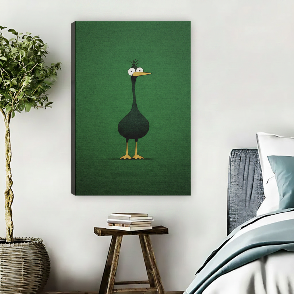 Whimsical green bird illustration float frame canvas wall art beside bed with wooden stool in modern nature-inspired bedroom