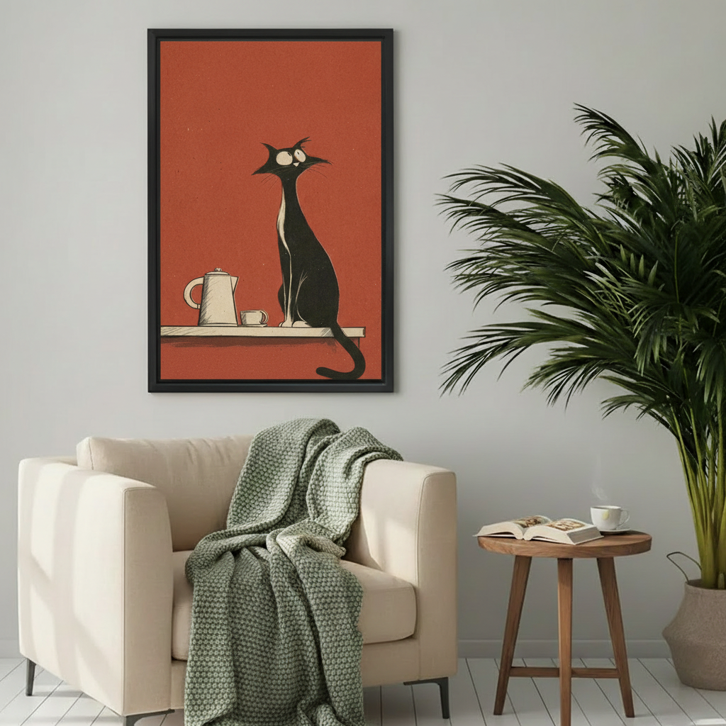 Retro black cat sitting on shelf terracotta wall art print in black frame above cream armchair with knit throw and wooden side table in cozy reading nook