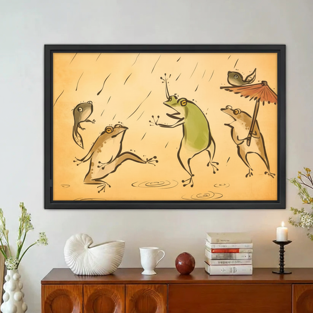 Funny Frogs in Rain Vintage Framed Canvas Wall Art|Liberty Signs#L1944