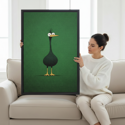 Woman holding large framed funny green duck cartoon art print showing actual print size on cream sofa in bright interior