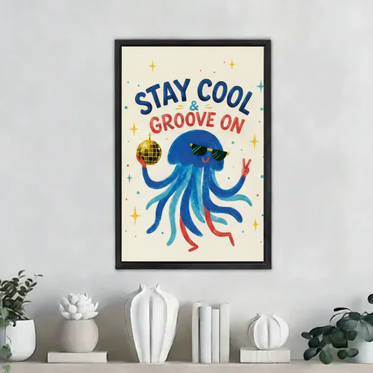 Stay cool and groove on jellyfish wall art print in black frame on white shelf with white ceramic vases and succulents in modern home decor