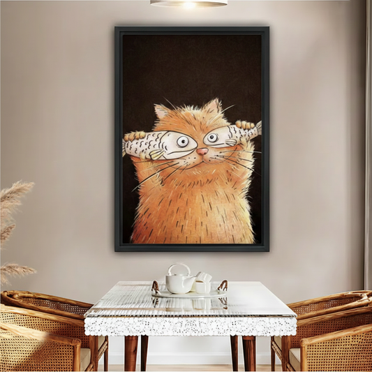 Funny orange cat with fish glasses framed canvas wall art in dining room