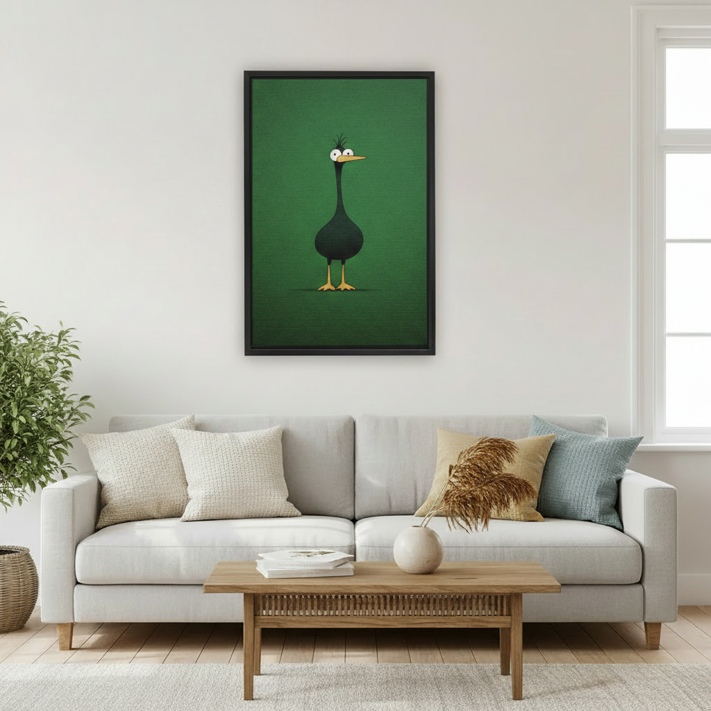 Cute quirky green duck wall art print in black frame above light grey sofa with pampas grass vase in Scandinavian living room