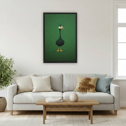 Cute quirky green duck wall art print in black frame above light grey sofa with pampas grass vase in Scandinavian living room