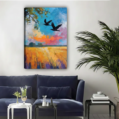 Two Ravens Golden Field Impressionist Oil Painting Canvas|Liberty Signs#L1935