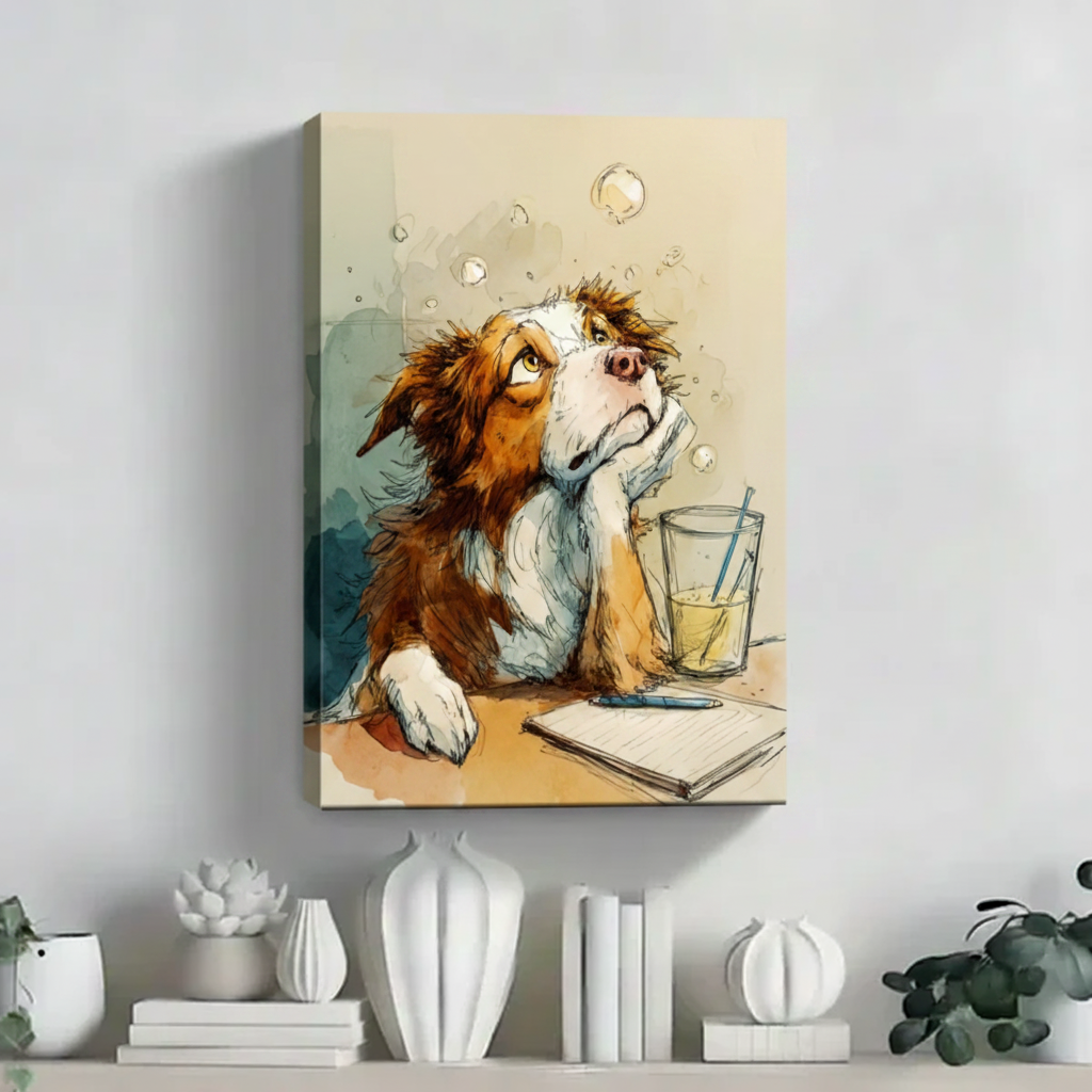 Whimsical bored dog watercolor canvas art unframed displayed on white shelf in minimalist contemporary home decor