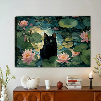 Black Cat Water Lily Pond Canvas Wall Art Framed Print|Liberty Signs#L1918