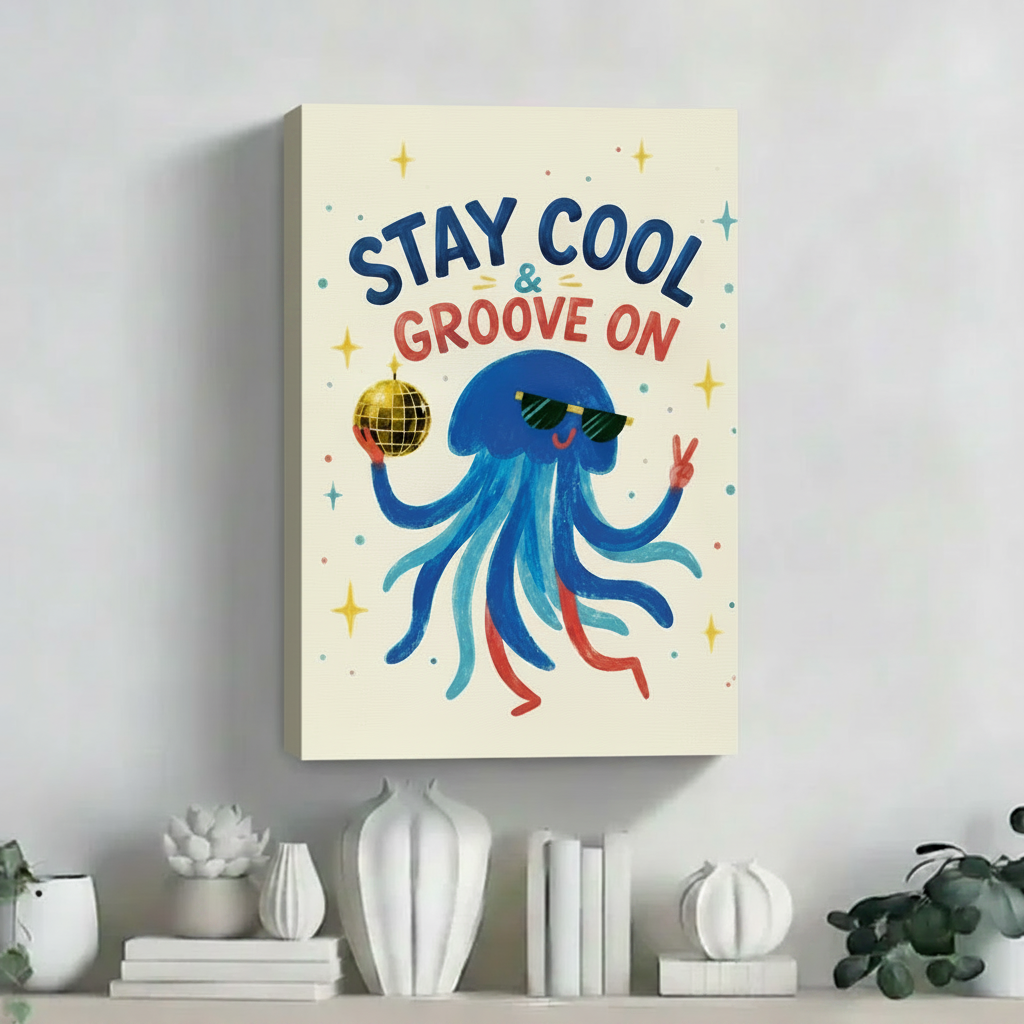Funny blue jellyfish with disco ball stay cool groove on float frame canvas wall art on white shelf with ceramic decor in contemporary interior