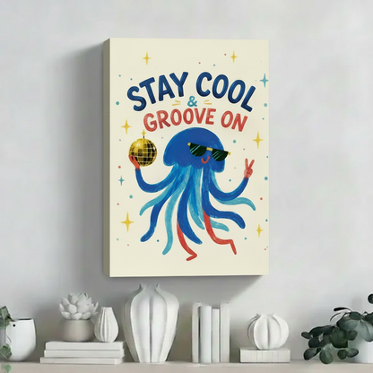 Funny blue jellyfish with disco ball stay cool groove on float frame canvas wall art on white shelf with ceramic decor in contemporary interior