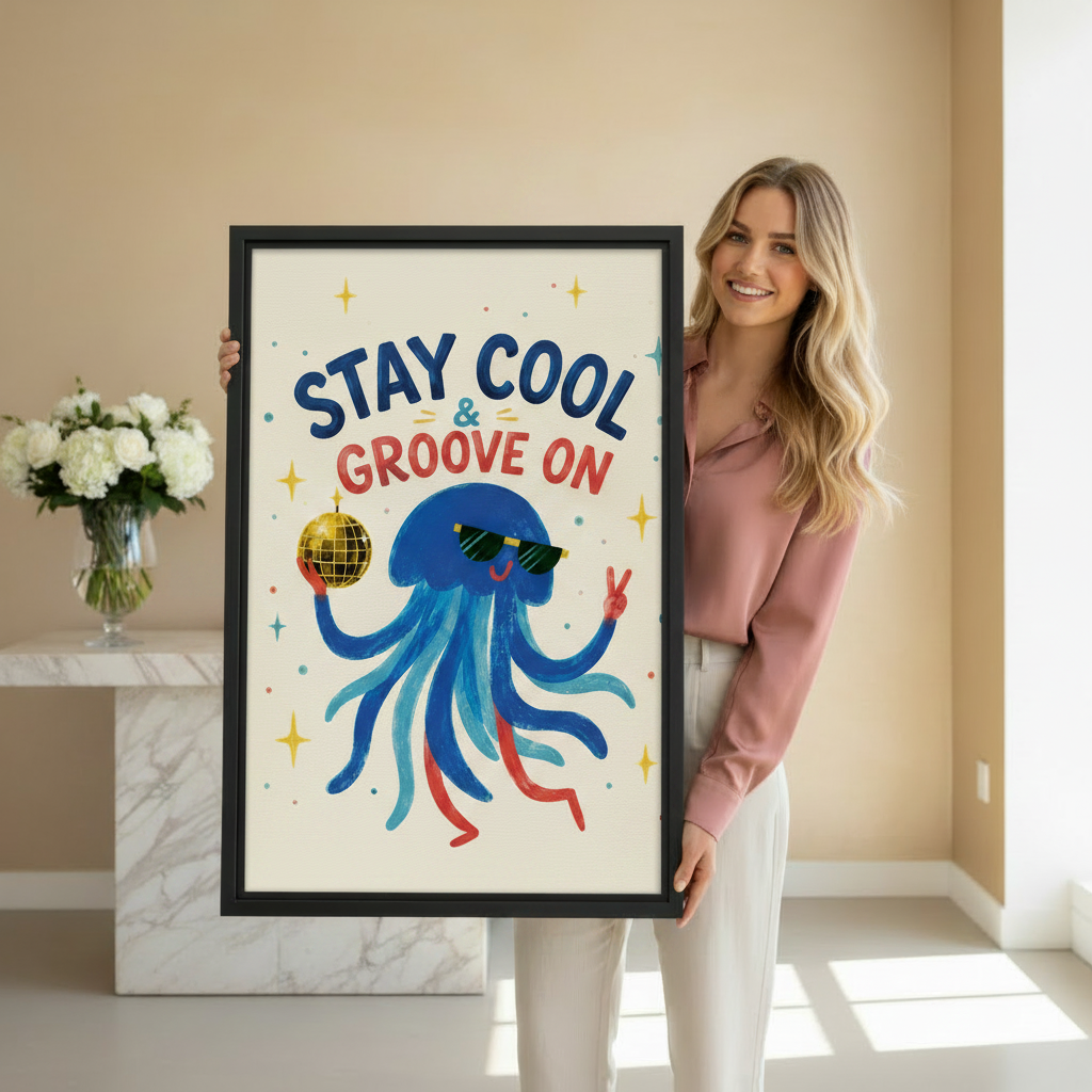 Woman holding large framed stay cool groove on jellyfish illustration art print showing actual print size in bright beige hallway with white roses