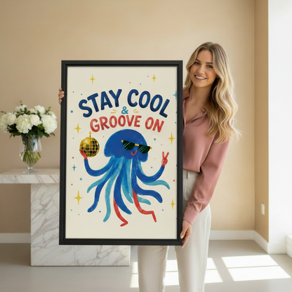 Woman holding large framed stay cool groove on jellyfish illustration art print showing actual print size in bright beige hallway with white roses