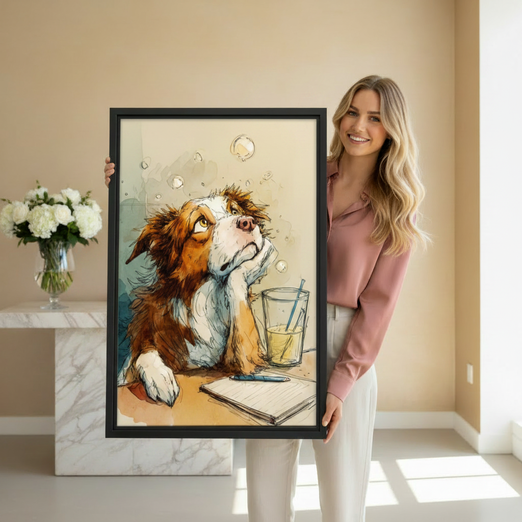 Woman holding large framed daydreaming dog illustration art print showing actual print size in bright neutral interior