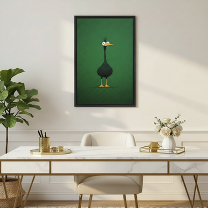 Funny green bird cartoon wall art print in black frame above marble gold-leg desk with white roses in elegant home office