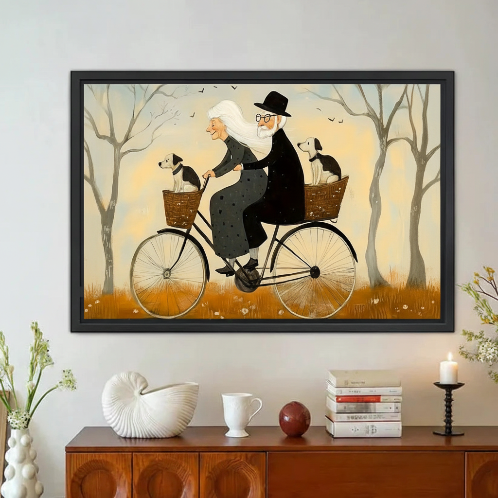 Elderly Couple Bicycle Dogs Folk Art Framed Canvas|Liberty Signs#L1862