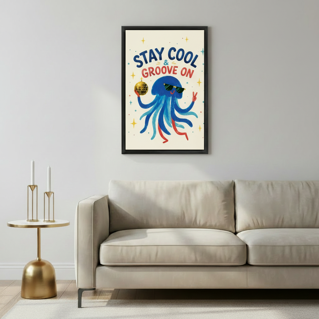Whimsical jellyfish disco ball wall art print in black frame above beige sofa with gold candle holder side table in modern living room