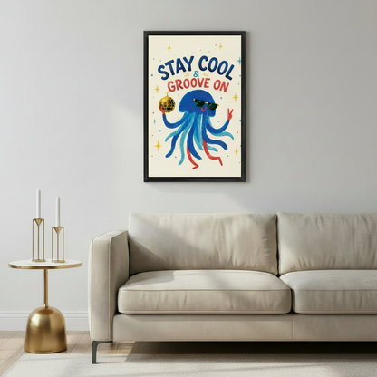 Whimsical jellyfish disco ball wall art print in black frame above beige sofa with gold candle holder side table in modern living room
