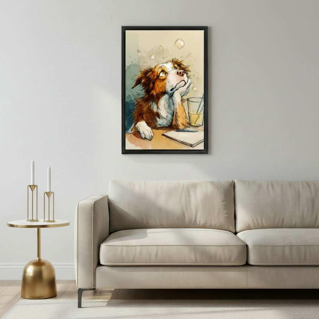 Funny dog lost in thought wall art print in black frame above beige sofa in Scandinavian-style living room with gold side table