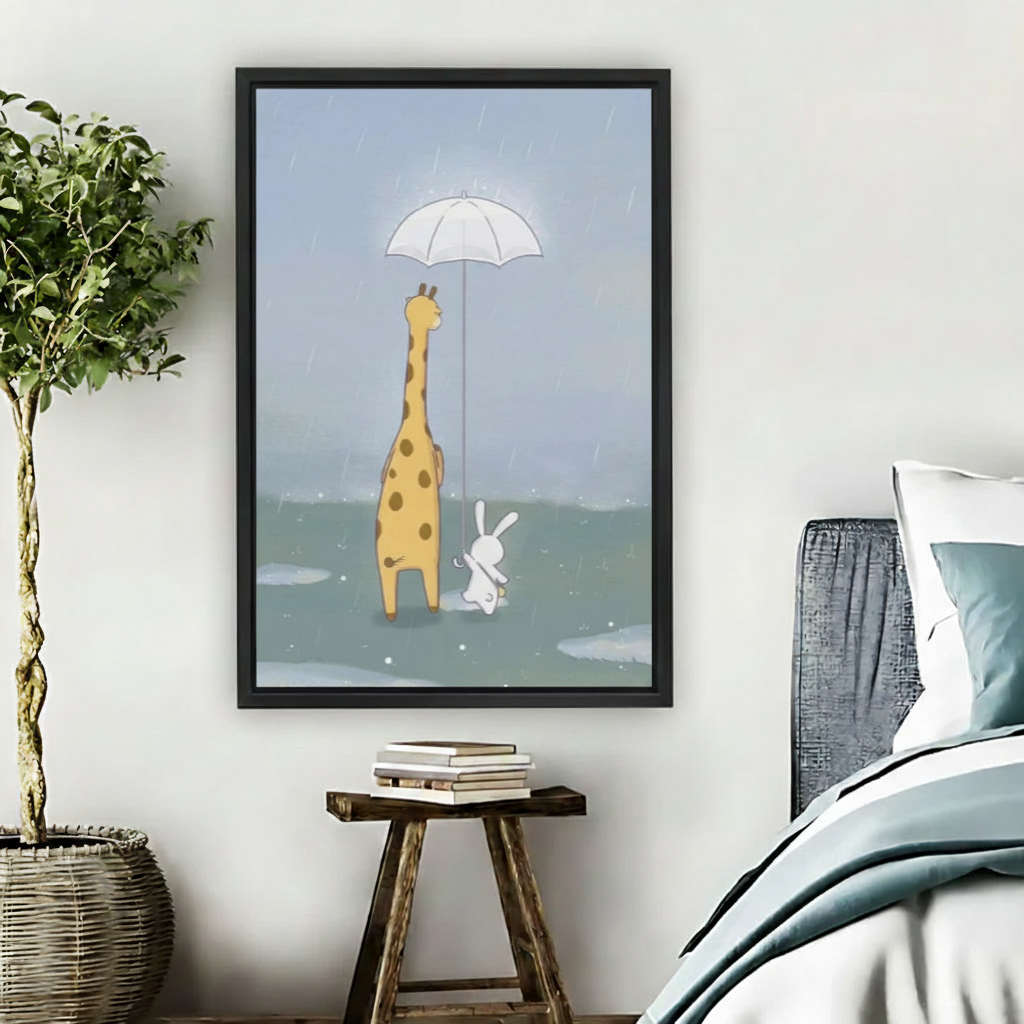 Whimsical giraffe and bunny in the rain wall art print in black frame beside bed with wooden stool and wicker basket in cozy bedroom