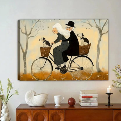 Elderly Couple Bicycle Dogs Folk Art Framed Canvas|Liberty Signs#L1862