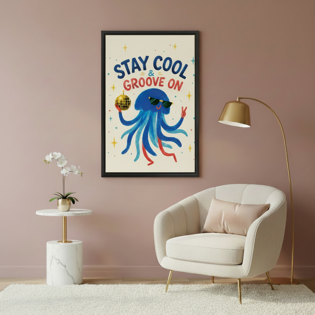 Stay cool groove on blue jellyfish wall art print in black frame on dusty pink wall above cream velvet armchair with gold arc floor lamp