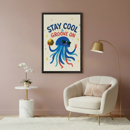 Stay cool groove on blue jellyfish wall art print in black frame on dusty pink wall above cream velvet armchair with gold arc floor lamp