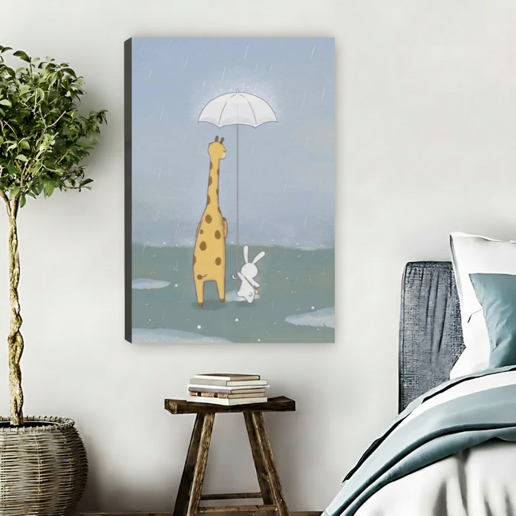 Cute giraffe holding umbrella for bunny canvas wall art unframed beside bed with wooden stool in warm nature-inspired bedroom