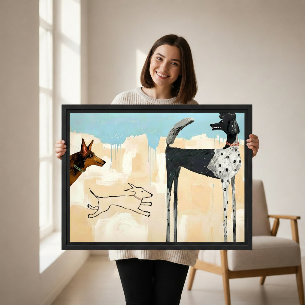 Hand-held abstract dogs contemporary art canvas print, quirky dog wall art close-up detail shot