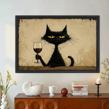 Grumpy Black Cat Wine Vintage Framed Canvas Wall Art|Liberty Signs#L1946