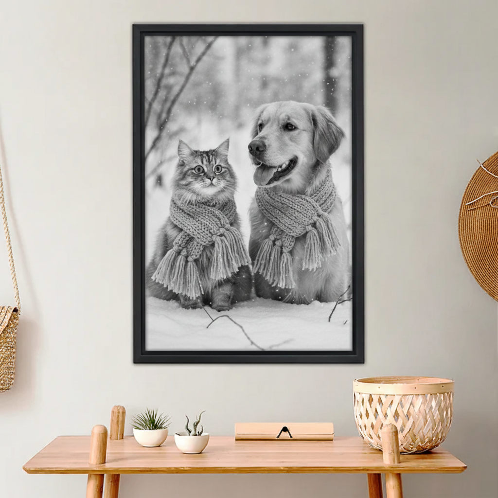 Cat and Dog Winter Friends Wall Art - Cozy Black and White Print|Liberty Signs #L904