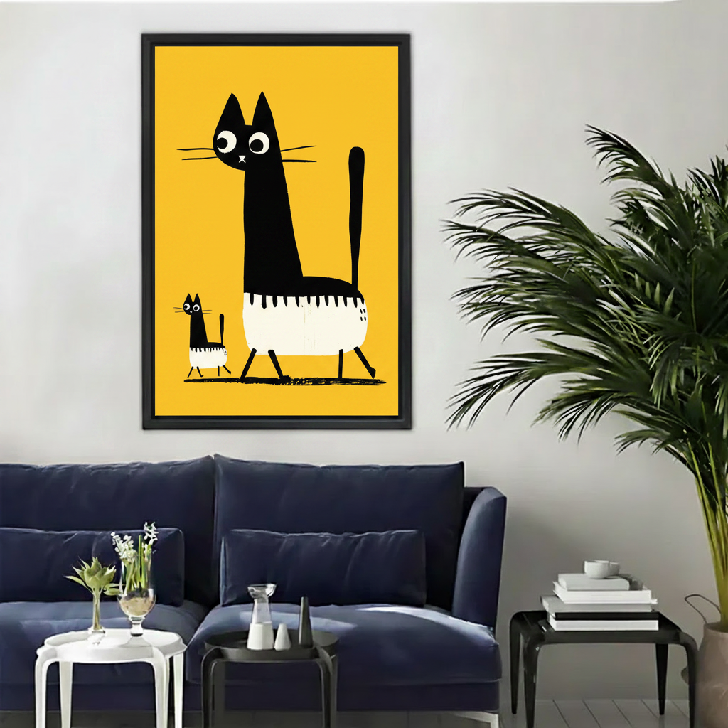 Funny black cat duo yellow background wall art print in black frame above navy blue velvet sofa in modern eclectic living room