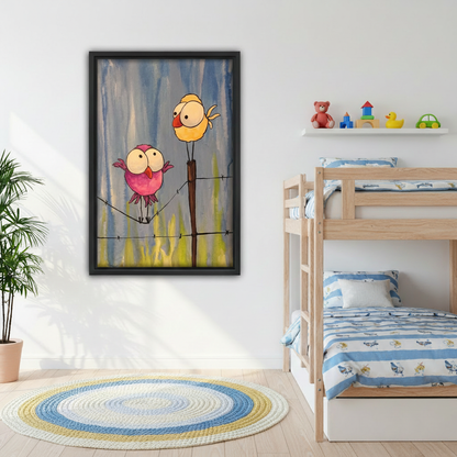 Funny birds on wire framed watercolor wall art in kids bedroom above bunk bed, playful nursery decor