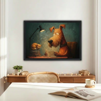 Whimsical dog reading book oil painting wall art print in black frame above wooden console table with rattan chair in cozy home decor